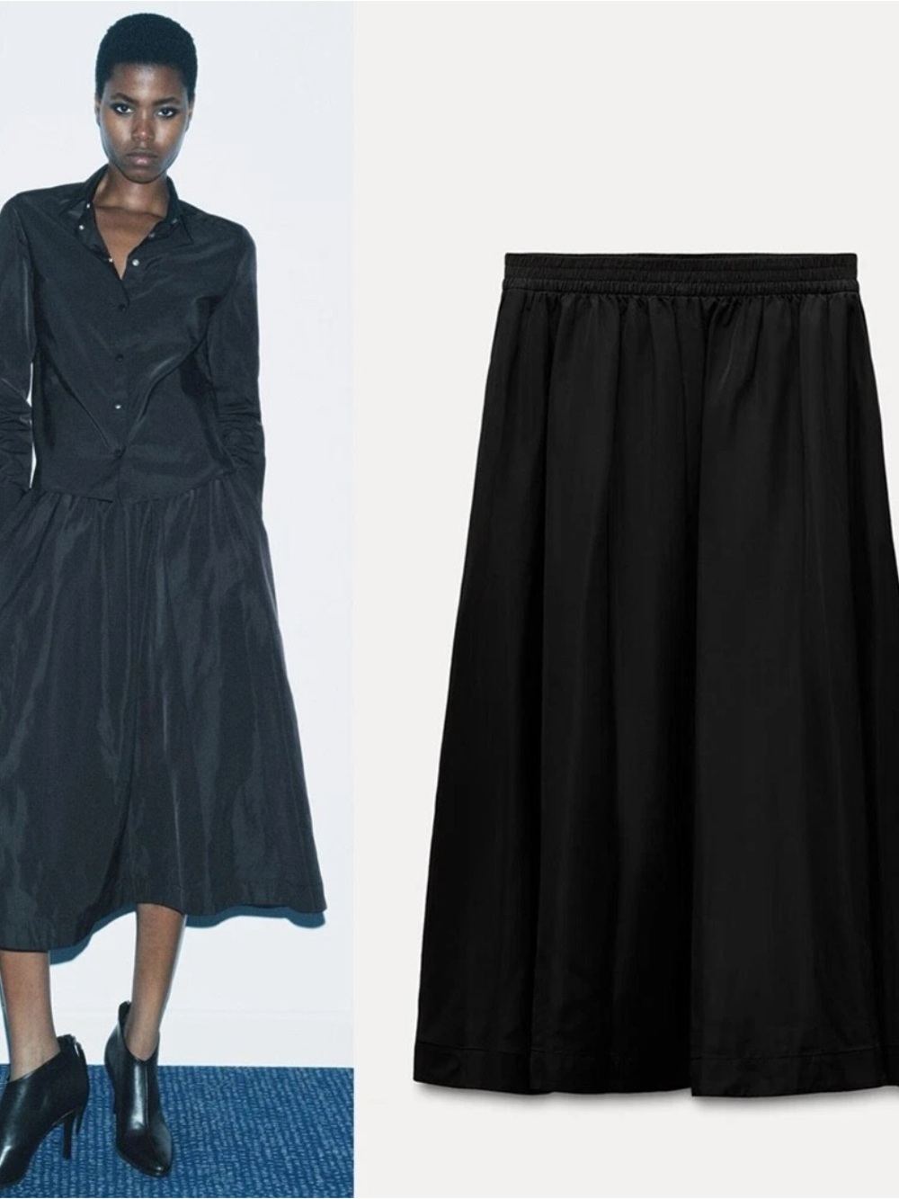 Zara Black Midi Skirt Elastic Waist Size XS NWT NYLON EFFECT